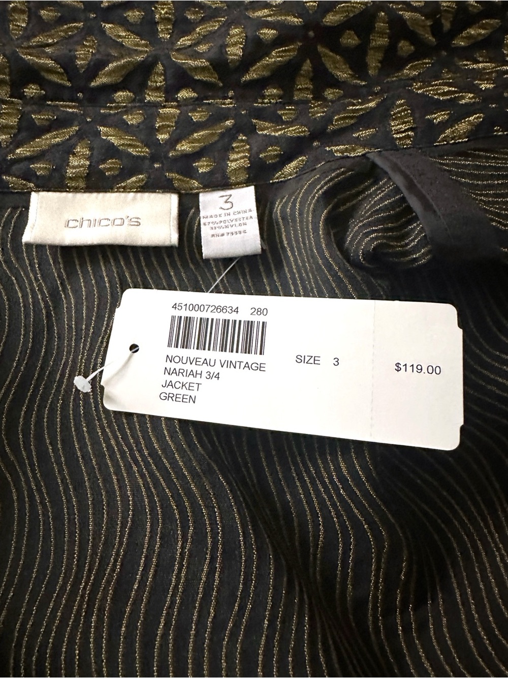 NWT Chico's "Nouveau Vintage" Olive Green & Gold Patterned Open NARIAH Jacket - Picture 2 of 4